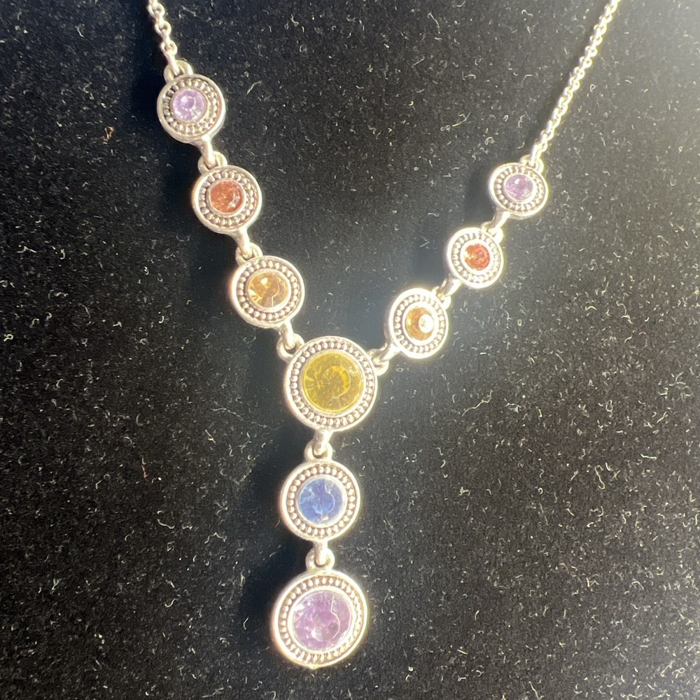 Napier Drop Necklace Rhinestone Blue Pink Yellow Purple Silver Tone - Picture 2 of 9
